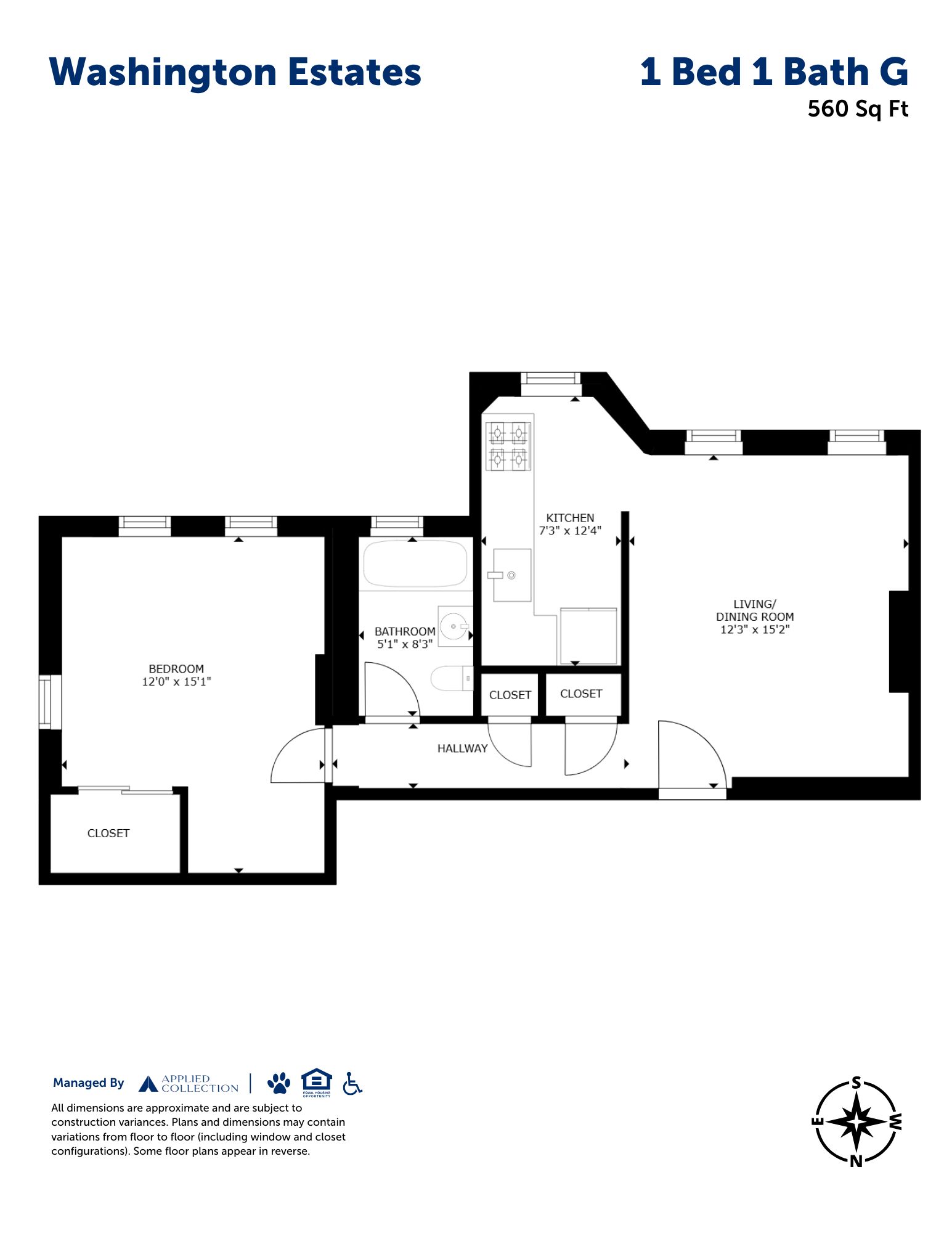 Floor plan for 1 bed, 1 bath, 560 sqft